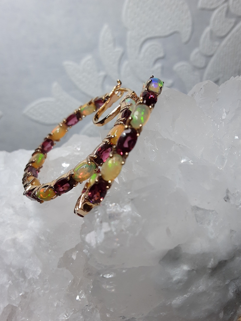 925, Yellow Gold Over 925. Opal, Garnet Hoop Earrings.